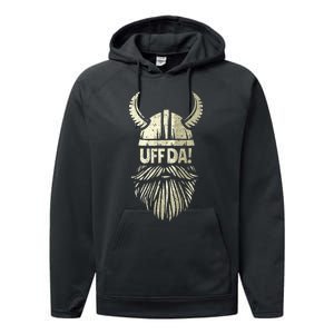 Uff Da Norwegian Quote Scandinavian Viking Helmet Beard Man Performance Fleece Hoodie