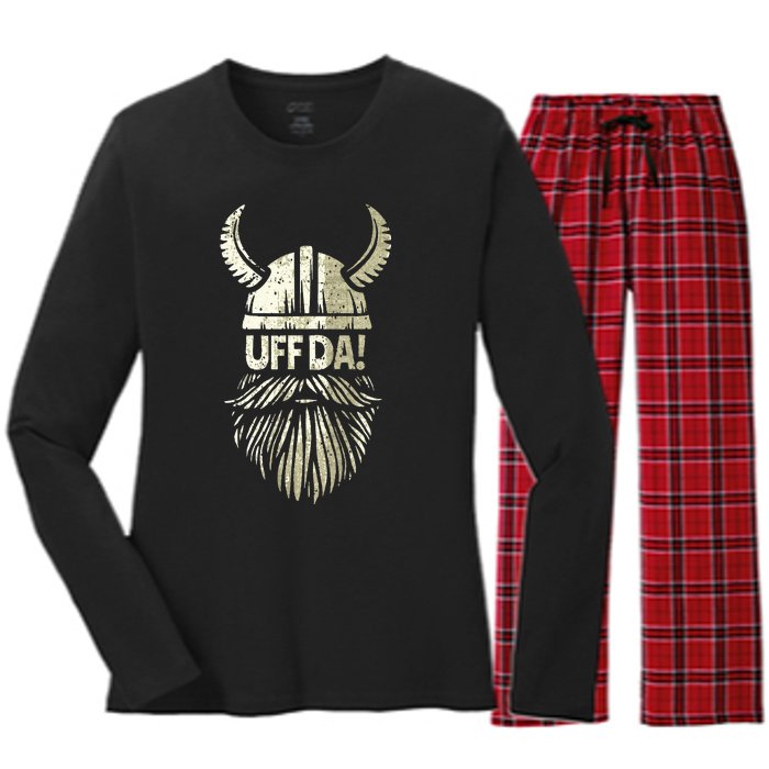 Uff Da Norwegian Quote Scandinavian Viking Helmet Beard Man Women's Long Sleeve Flannel Pajama Set 