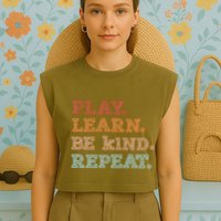 Unity Day Orange Play Learn Be Kind Repeat Garment-Dyed Women's Muscle Tee