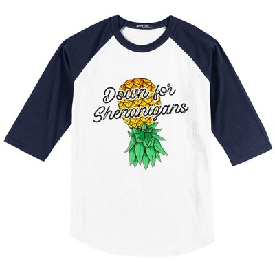 Upside Down Pineapple Down For Shenanigans Funny Swinger Baseball Sleeve Shirt