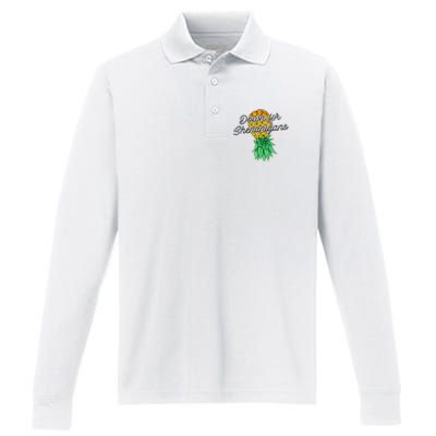 Upside Down Pineapple Down For Shenanigans Funny Swinger Performance Long Sleeve Polo