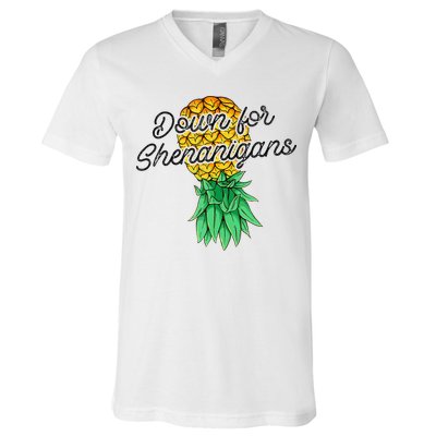 Upside Down Pineapple Down For Shenanigans Funny Swinger V-Neck T-Shirt