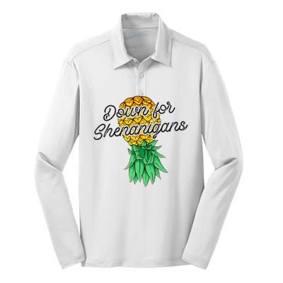 Upside Down Pineapple Down For Shenanigans Funny Swinger Silk Touch Performance Long Sleeve Polo