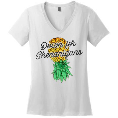 Upside Down Pineapple Down For Shenanigans Funny Swinger Women's V-Neck T-Shirt