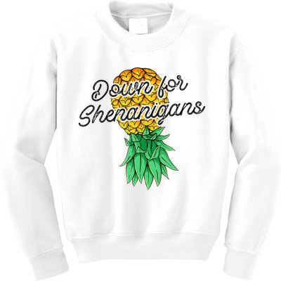 Upside Down Pineapple Down For Shenanigans Funny Swinger Kids Sweatshirt
