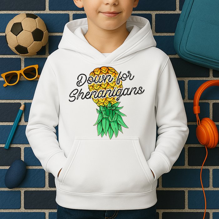 Upside Down Pineapple Down For Shenanigans Funny Swinger Kids Hoodie