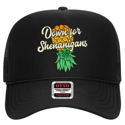 Upside Down Pineapple Down For Shenanigans Funny Swinger High Crown Mesh Back Trucker Hat