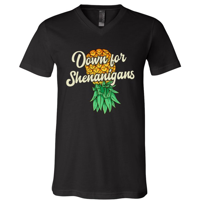 Upside Down Pineapple Down For Shenanigans Funny Swinger V-Neck T-Shirt