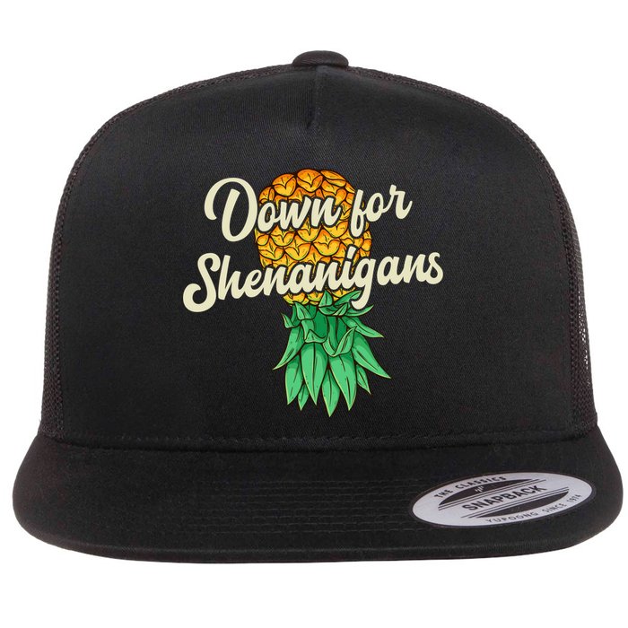 Upside Down Pineapple Down For Shenanigans Funny Swinger Flat Bill Trucker Hat