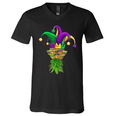 Upside Down Pineapple Mask Mardi Gras V-Neck T-Shirt