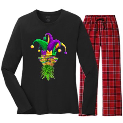 Upside Down Pineapple Mask Mardi Gras Women's Long Sleeve Flannel Pajama Set 