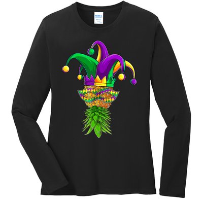 Upside Down Pineapple Mask Mardi Gras Ladies Long Sleeve Shirt