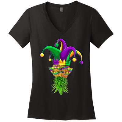 Upside Down Pineapple Mask Mardi Gras Women's V-Neck T-Shirt