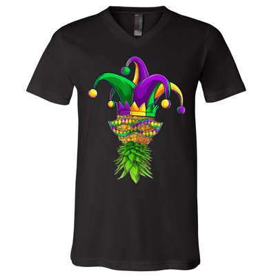 Upside Down Pineapple Mask Mardi Gras V-Neck T-Shirt