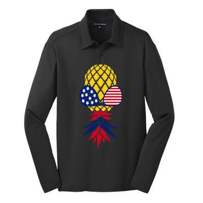 Upside Down Pineapple Sunglasses July 4th Swingers Us Flag Silk Touch Performance Long Sleeve Polo