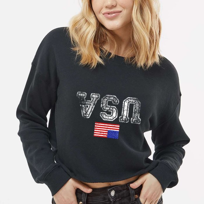Upside Down Usa Flag In Distress Us Constitution Usa Pride Cropped Pullover Crew