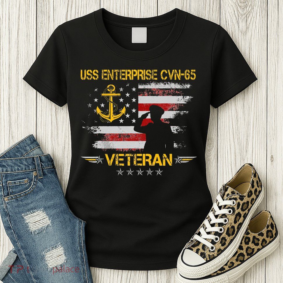 USS Enterprise CVN 65 Aircraft Carrier Veteran Flag Vintage Women's T-Shirt