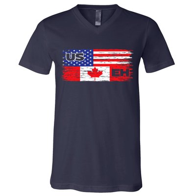 US EH Canada America Flag Maple Leaf Proud Canuck Roots V-Neck T-Shirt
