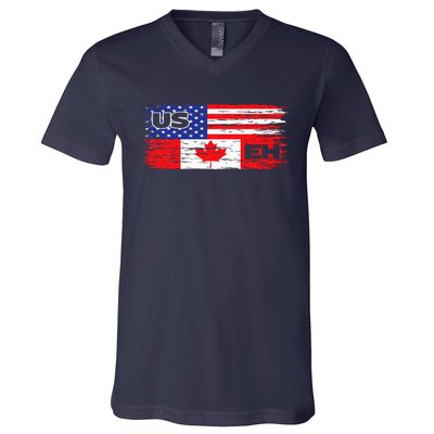 US EH Canada America Flag Maple Leaf Proud Canuck Roots V-Neck T-Shirt