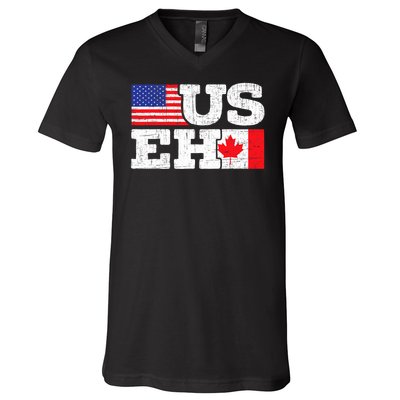 US EH Canada America Flag Maple Leaf Proud Canuck Roots V-Neck T-Shirt