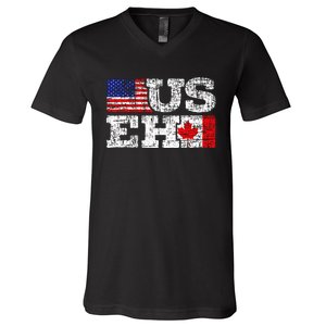 Us Eh Canada America Flag Maple Leaf Proud Canuck Roots V-Neck T-Shirt