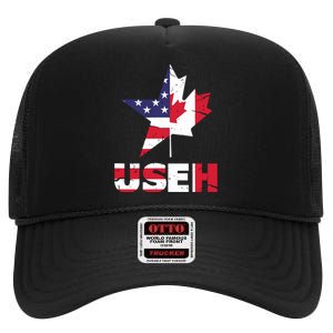 Us Eh Funny Canada American Flag High Crown Mesh Back Trucker Hat