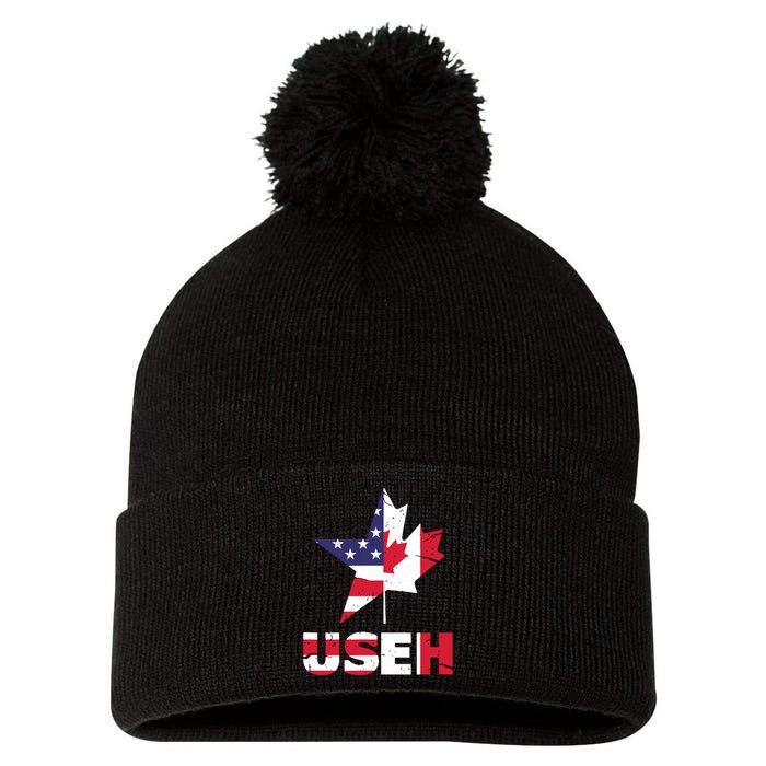 Us Eh Funny Canada American Flag Pom Pom 12in Knit Beanie