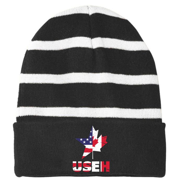 Us Eh Funny Canada American Flag Striped Beanie with Solid Band