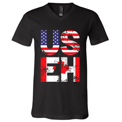 Us Eh Funny Canada American Flag V-Neck T-Shirt