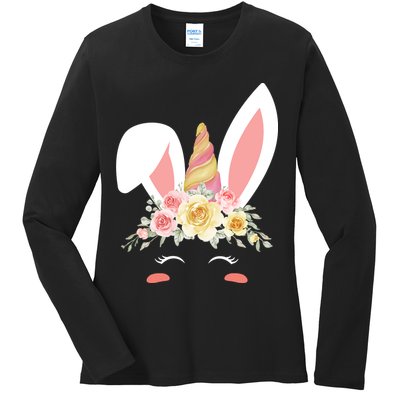 Unicorn Easter Floral Bunny Ladies Long Sleeve Shirt