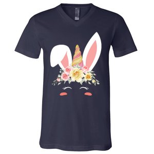 Unicorn Easter Floral Bunny V-Neck T-Shirt