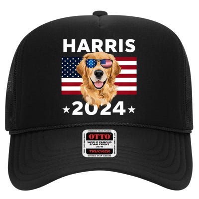 Us Election Kamala Harris 2024 Golden Retriever Dog Usa Flag High Crown Mesh Back Trucker Hat