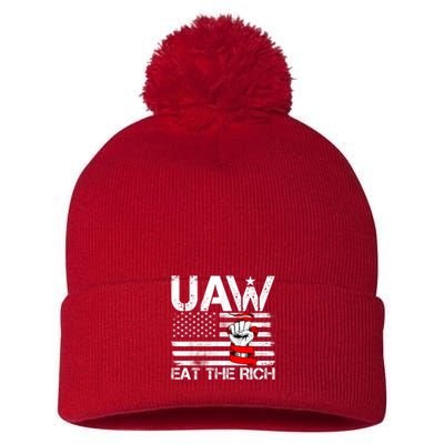 Uaw Eat The Rich Vintage America Flag Pom Pom 12in Knit Beanie