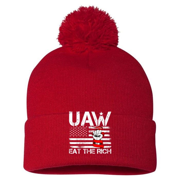 Uaw Eat The Rich Vintage America Flag Pom Pom 12in Knit Beanie