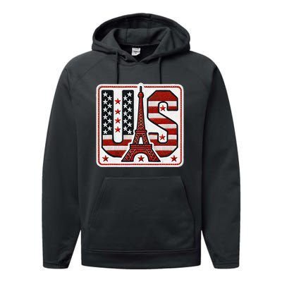 Usa Eiffel Tower 2024 Summer Sports Patriotic Supporter Performance Fleece Hoodie