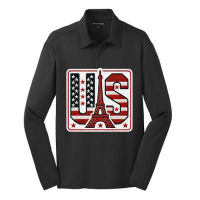 Usa Eiffel Tower 2024 Summer Sports Patriotic Supporter Silk Touch Performance Long Sleeve Polo