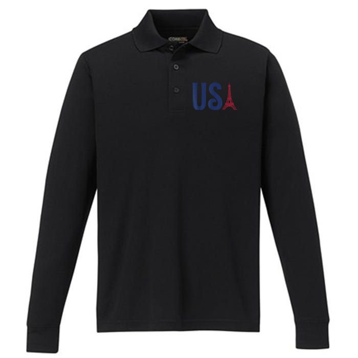 Usa Eiffel Tower Team Souvenir 2024 France Paris Holiday Performance Long Sleeve Polo