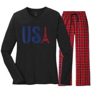 Usa Eiffel Tower Team Souvenir 2024 France Paris Holiday Women's Long Sleeve Flannel Pajama Set 