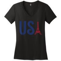 Usa Eiffel Tower Team Souvenir 2024 France Paris Holiday Women's V-Neck T-Shirt