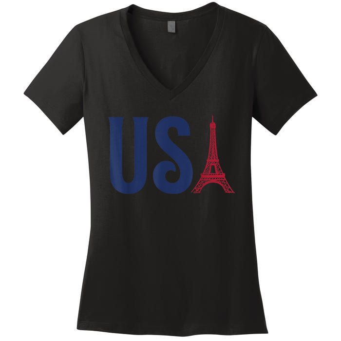 Usa Eiffel Tower Team Souvenir 2024 France Paris Holiday Women's V-Neck T-Shirt