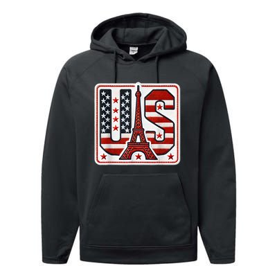 Usa Eiffel Tower 2024 Summer Sports Patriotic Supporter Performance Fleece Hoodie