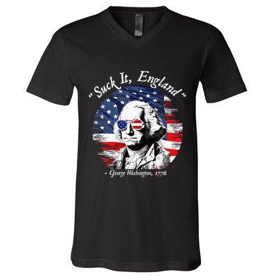 USA Flag 4th of July Suck It England Funny George Washington V-Neck T-Shirt