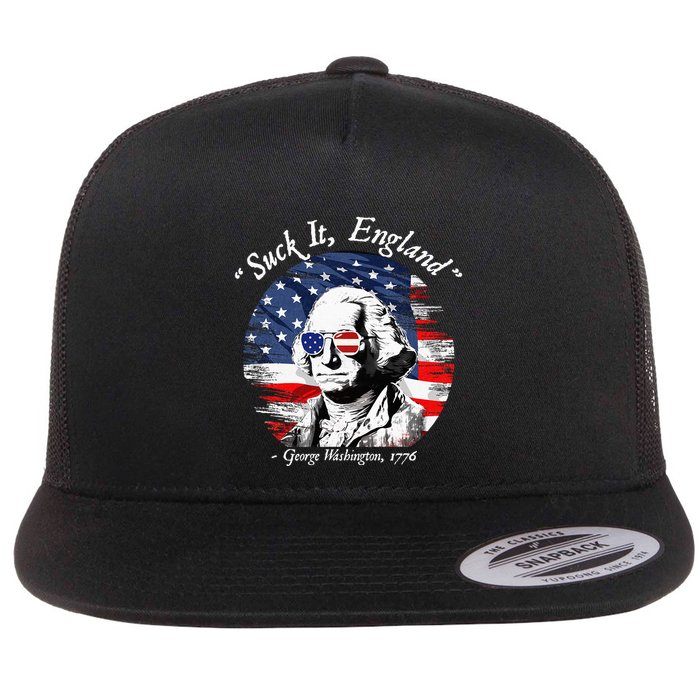 USA Flag 4th of July Suck It England Funny George Washington Flat Bill Trucker Hat