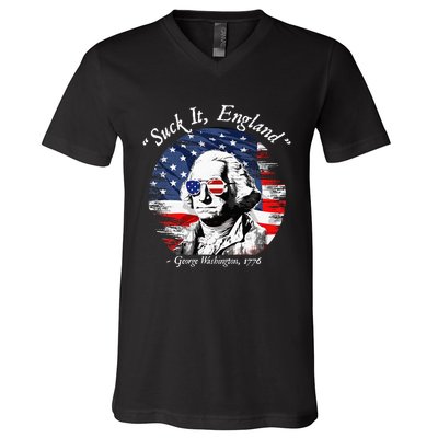 USA Flag 4th of July Suck It England Funny George Washington V-Neck T-Shirt