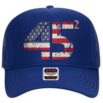 USA Flag 45 2 Trump High Crown Mesh Back Trucker Hat