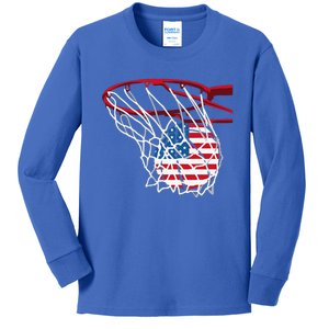 US Flag American Patriotic Basketball 4th Of July Kids Long Sleeve Shirt