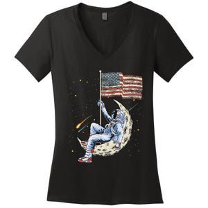 Us Flag Astronaut Space Independence Day 4th Of July Women's V-Neck T-Shirt