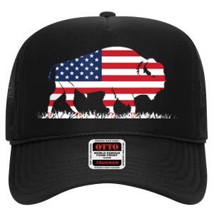 USA Flag American Buffalo High Crown Mesh Back Trucker Hat