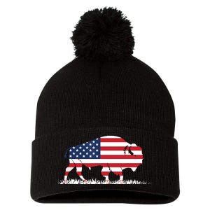 USA Flag American Buffalo Pom Pom 12in Knit Beanie