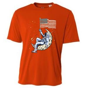 Us Flag Astronaut Space Independence Day 4th Of July Cool Gift Cooling Performance Crew T-Shirt